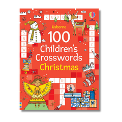 Book cover of '100 Children's Crosswords Christmas' by Usborne on a red background with Christmas-themed illustrations.