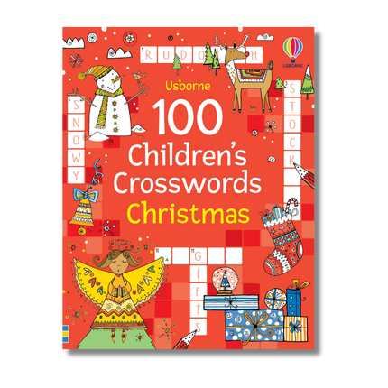 Book cover of '100 Children's Crosswords Christmas' by Usborne on a red background with Christmas-themed illustrations.