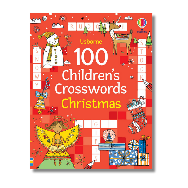 Book cover of '100 Children's Crosswords Christmas' by Usborne on a red background with Christmas-themed illustrations.