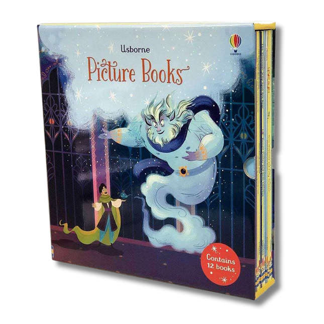 box containing 12 picture books with a genie on the cover