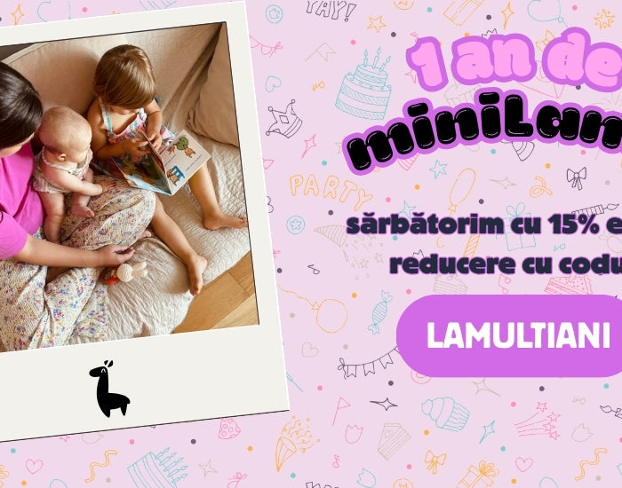 banner aniversar cu tort si imagine cu o mamica citind carti cu cei doi copii ai ei