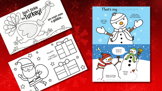 Coloring pages with Christmas and Thanksgiving themes on a red background