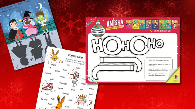 Educational materials including coloring pages and worksheets on a red background with Christmas theme.