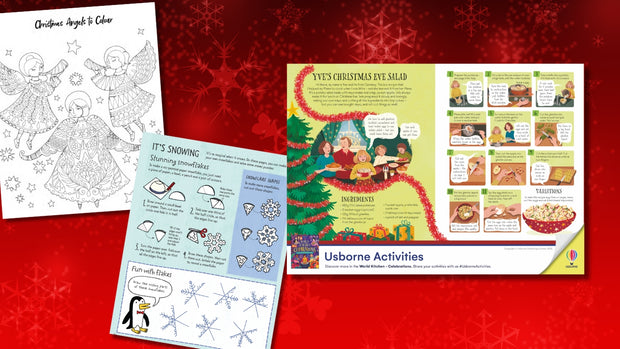 Collection of educational materials including coloring pages and activity sheets on a red background.