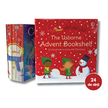 Usborne Advent Bookshelf with Christmas-themed cover and '24 de carti' label on a white background