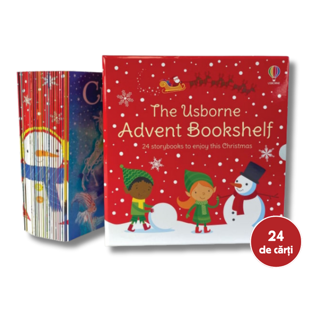 Usborne Advent Bookshelf with Christmas-themed cover and '24 de carti' label on a white background