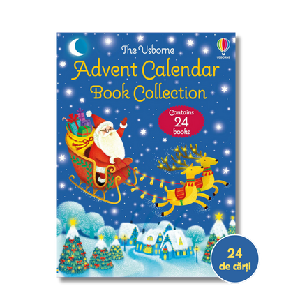 Advent calendar book collection with Santa Claus and reindeer on a blue background