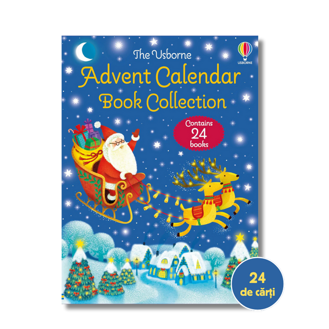 Advent calendar book collection with Santa Claus and reindeer on a blue background