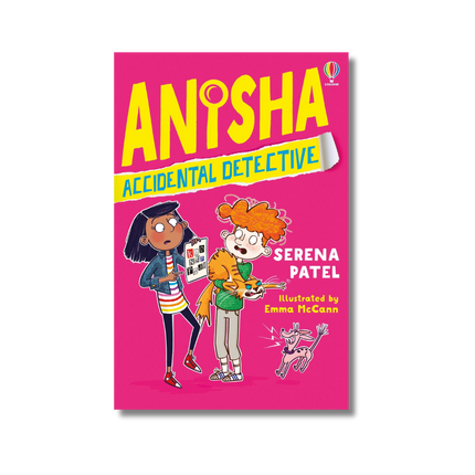Book cover of 'Anisha Accidental Detective' with two characters and a pink background