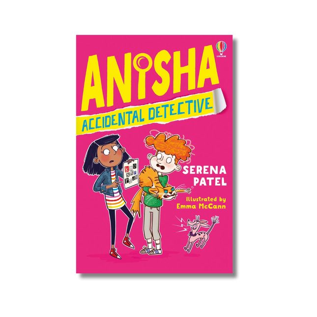 Book cover of 'Anisha Accidental Detective' with two characters and a pink background
