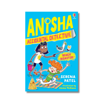 Book cover of 'Anipsha Accidental Detective: Beach Disaster' by Serena Patel with colorful illustration on a blue background.