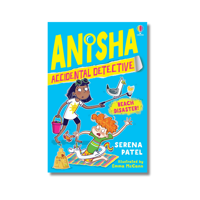 Book cover of 'Anipsha Accidental Detective: Beach Disaster' by Serena Patel with colorful illustration on a blue background.