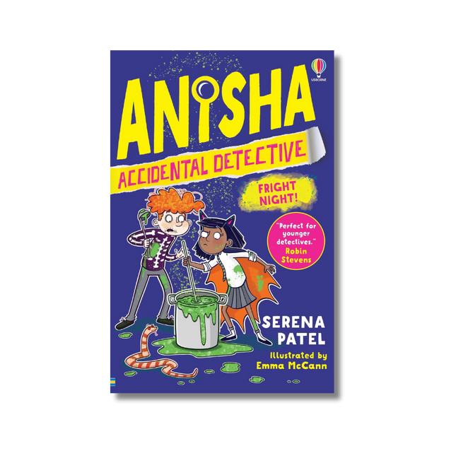 Book cover of 'Anisha Accidental Detective: Fright Night' with two characters and a purple background.