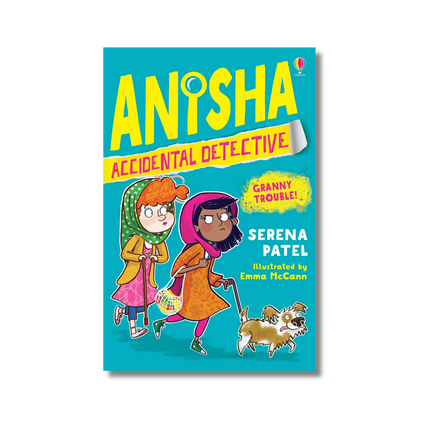 Book cover of 'Anisha Accidental Detective: Granny Trouble!' with two characters and a dog on a blue background.