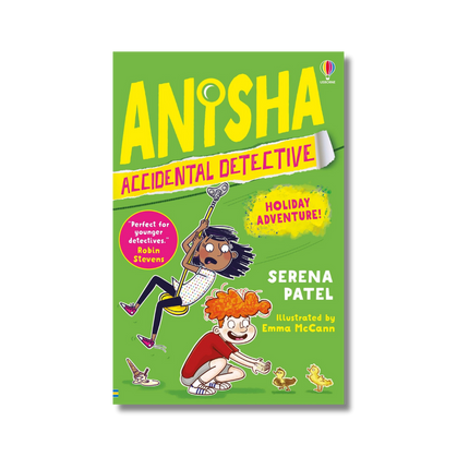 Book cover of 'Anisha Accidental Detective' with colorful text and illustrations on a green background.