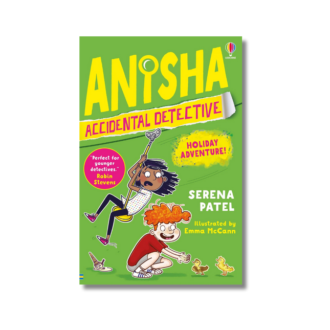 Book cover of 'Anisha Accidental Detective' with colorful text and illustrations on a green background.