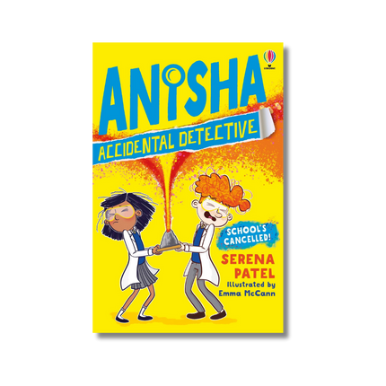 Book cover of 'Anisha Accidental Detective' with two children holding a test tube.