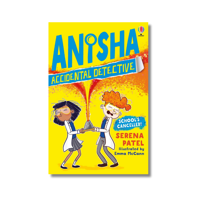 Book cover of 'Anisha Accidental Detective' with two children holding a test tube.