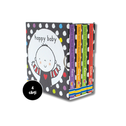 Set of children's books titled 'happy baby' with colorful spines on a white background