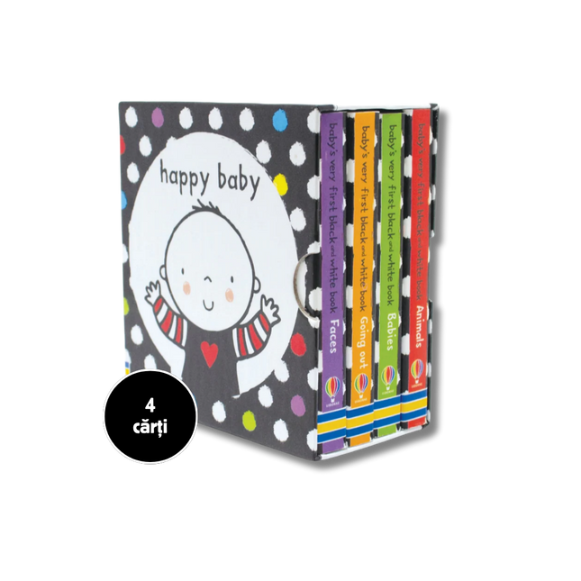 Set of children's books titled 'happy baby' with colorful spines on a white background