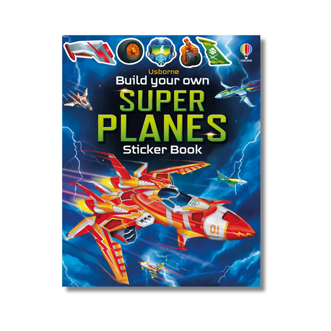 Sticker book cover titled 'Build your own Super Planes' with colorful airplane designs on a blue background.