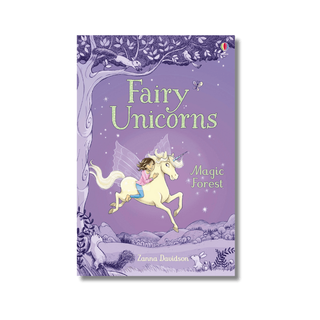 ilustratie Usborne cu unicorni zburatori pe un fundal violet