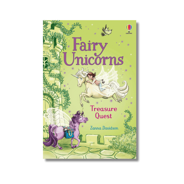 ilustratie Usborne cu unicorni zburatori pe un fundal verde