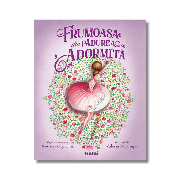 coperta ilustrata cu frumoasa din padurea adormita pe un pat de flori