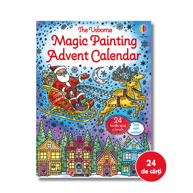Usborne Magic Painting Advent Calendar with Santa Claus and reindeer on a blue background