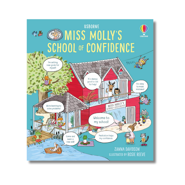 Book cover of 'Miss Molly's School of Confidence' with colorful illustrations and text.
