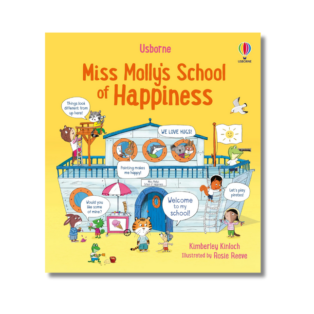 Book cover of 'Miss Molly's School of Happiness' with colorful illustrations on a yellow background.