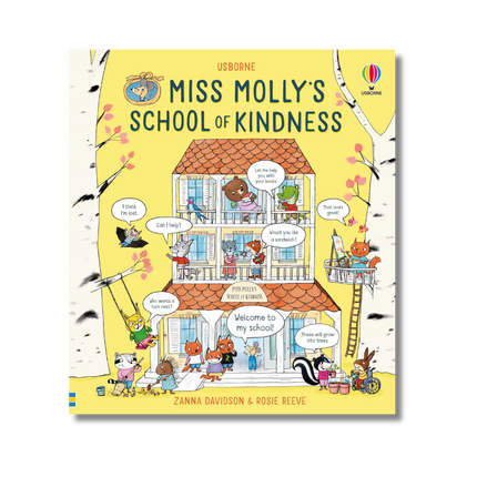 Book cover of 'Miss Molly's School of Kindness' with a yellow background and illustrations of children around a schoolhouse.