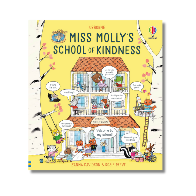 Book cover of 'Miss Molly's School of Kindness' with a yellow background and illustrations of children around a schoolhouse.