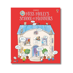 Book cover of 'Miss Molly's School of Manners' with a red background and illustrations of a school building and children.