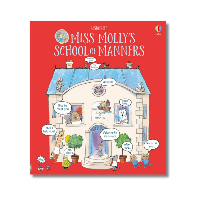 Book cover of 'Miss Molly's School of Manners' with a red background and illustrations of a school building and children.