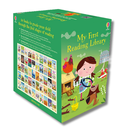 Children's book box set titled 'My First Reading Library' with illustrations on a white background