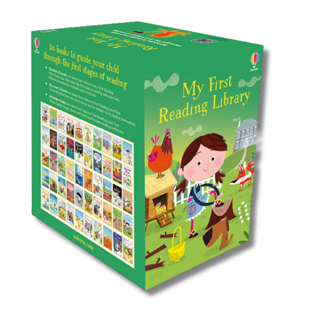 Children's book box set titled 'My First Reading Library' with illustrations on a white background