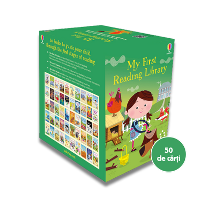 Children's book box set titled 'My First Reading Library' with illustrations on a green background