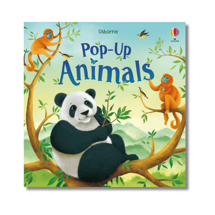 ilustratie Usborne cu un urs panda si 2 maimute in copac pentru carte pop-up