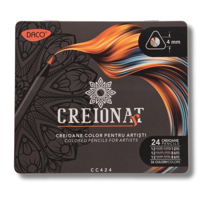 set 24 de creioane de colorat DACO in cutie metalica - miniLama