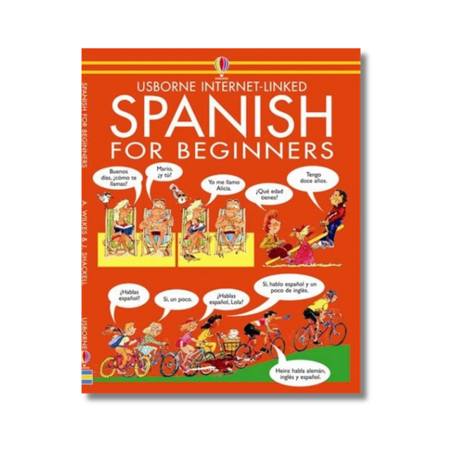 Book titled 'Spanish for Beginners' with colorful illustrations on an orange background