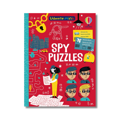 Book cover of 'Spy Puzzles' by Usborne Minis with colorful illustrations on a red background