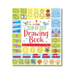Step-by-step drawing book cover with various shapes and drawings on a white background