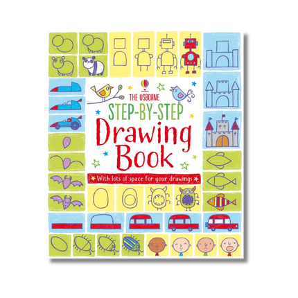 Step-by-step drawing book cover with various shapes and drawings on a white background