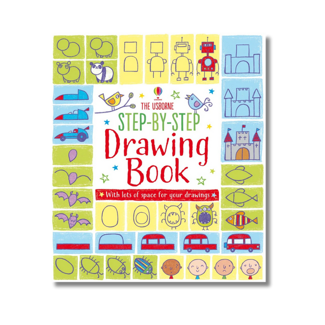 Step-by-step drawing book cover with various shapes and drawings on a white background