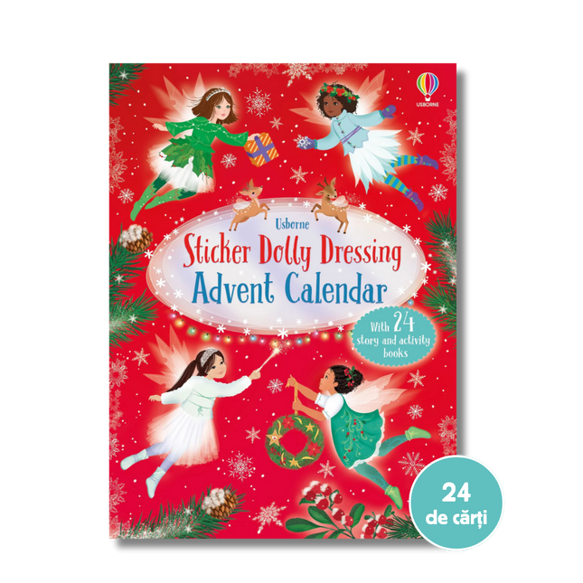Sticker Dolly Dressing Advent Calendar with Christmas-themed design on a red background