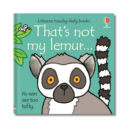 Book cover of 'That's not my lemur' with a cartoon lemur illustration on a teal background.