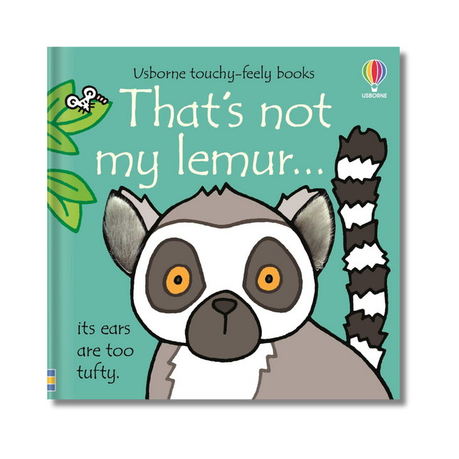 Book cover of 'That's not my lemur' with a cartoon lemur illustration on a teal background.