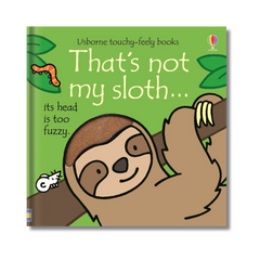 Book cover of 'That's not my sloth' with a cartoon sloth and text on a green background