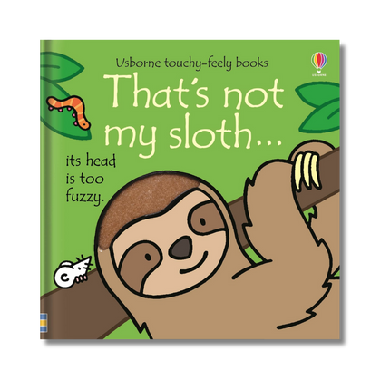 Book cover of 'That's not my sloth' with a cartoon sloth and text on a green background